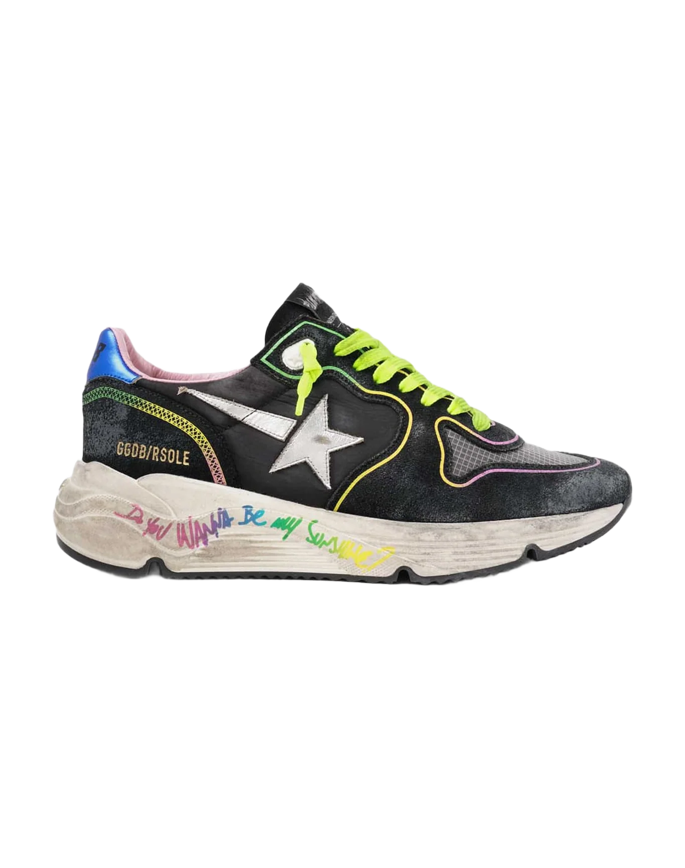 Women | Running Sole Black Sneakers with Silver Star & Rainbow Details | Black x Silver x Blue x Rainbow - Image 3