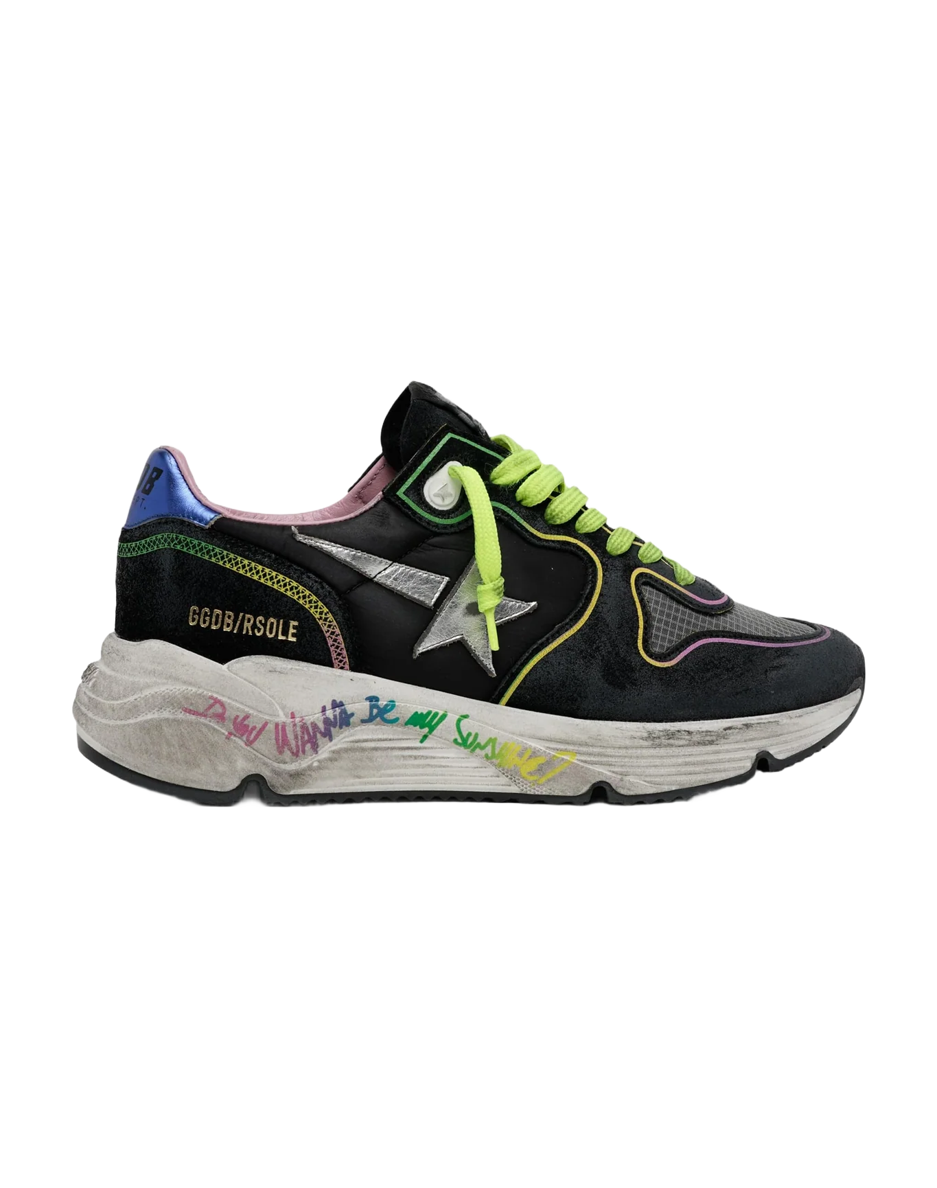 Women | Running Sole Black Sneakers with Silver Star & Rainbow Details | Black x Silver x Blue x Rainbow - Image 6