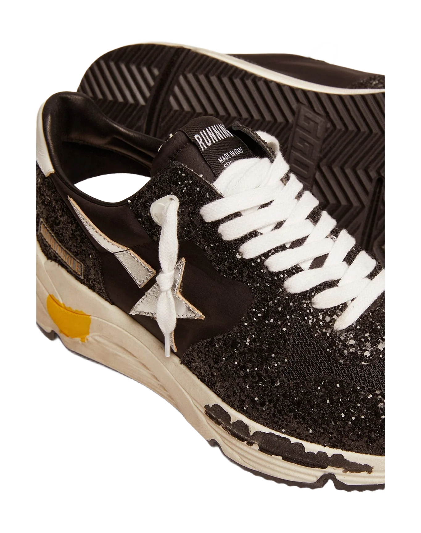 Women | Running Sole Sneakers Black Nylon & Glitter with Silver Star | Black x Silver