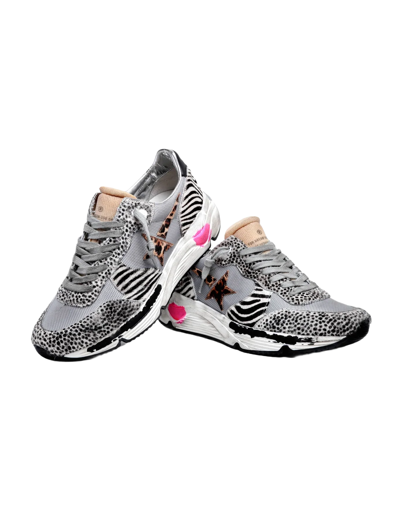 Women | Running Sole Sneakers Mesh & Animal-Print Pony Skin | Light Grey x White Black x Leo - Image 3