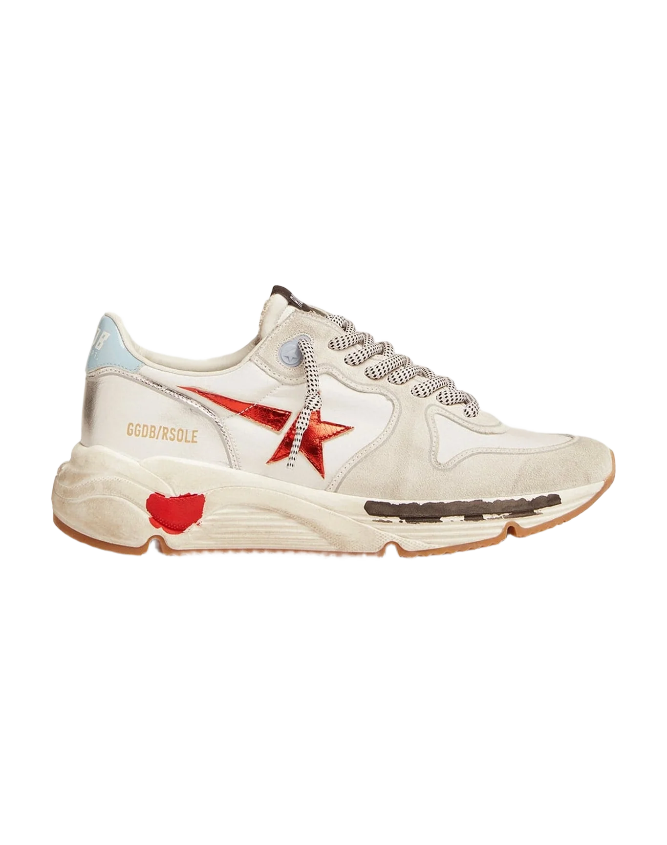 Women | Running Sole Sneakers Nylon & Suede with Red Laminated Leather Star | White x Optic White x Red x Blue Sky