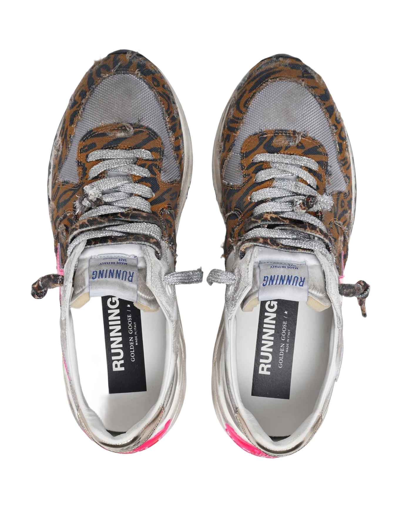 Women | Running Sole Sneakers Silver Leather & Leopard Print with Fluorescent Pink Star | White x Brown Black Leo x Fluo Fuxia x Silver x Platinum