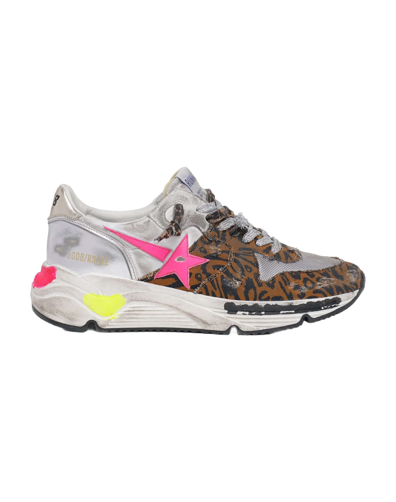Women | Running Sole Sneakers Silver Leather & Leopard Print with Fluorescent Pink Star | White x Brown Black Leo x Fluo Fuxia x Silver x Platinum - Image 2