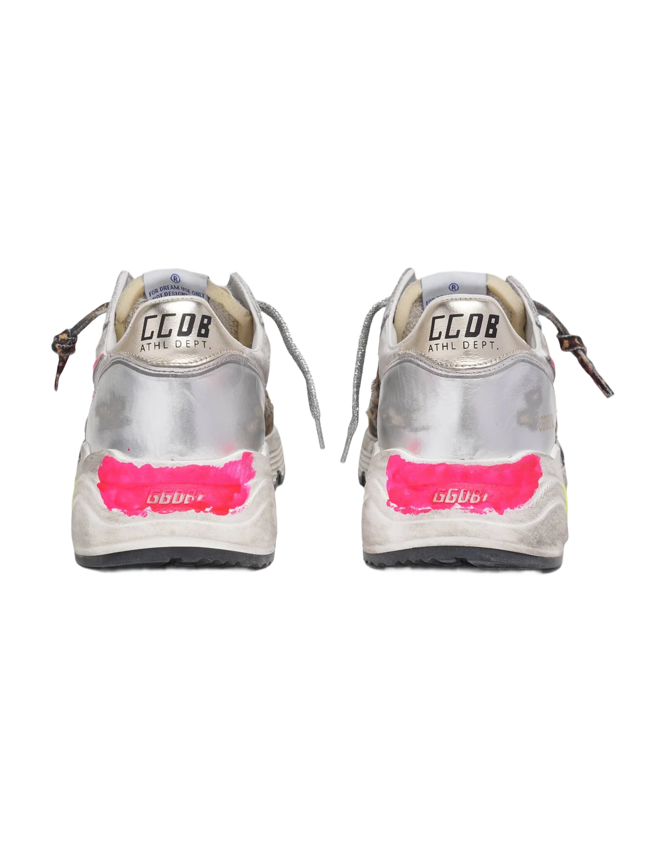 Women | Running Sole Sneakers Silver Leather & Leopard Print with Fluorescent Pink Star | White x Brown Black Leo x Fluo Fuxia x Silver x Platinum - Image 4