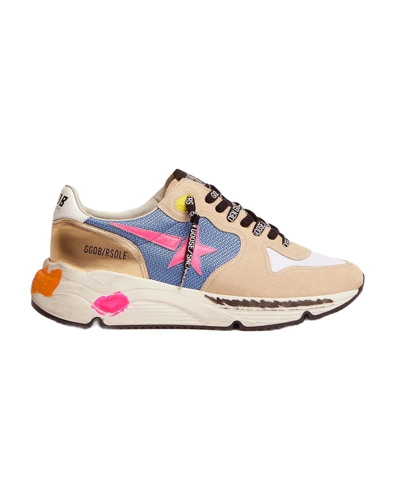 Women | Running Sole Sneakers Suede with Gold Detail | Beige x Sky x Fluo Pink x Gold