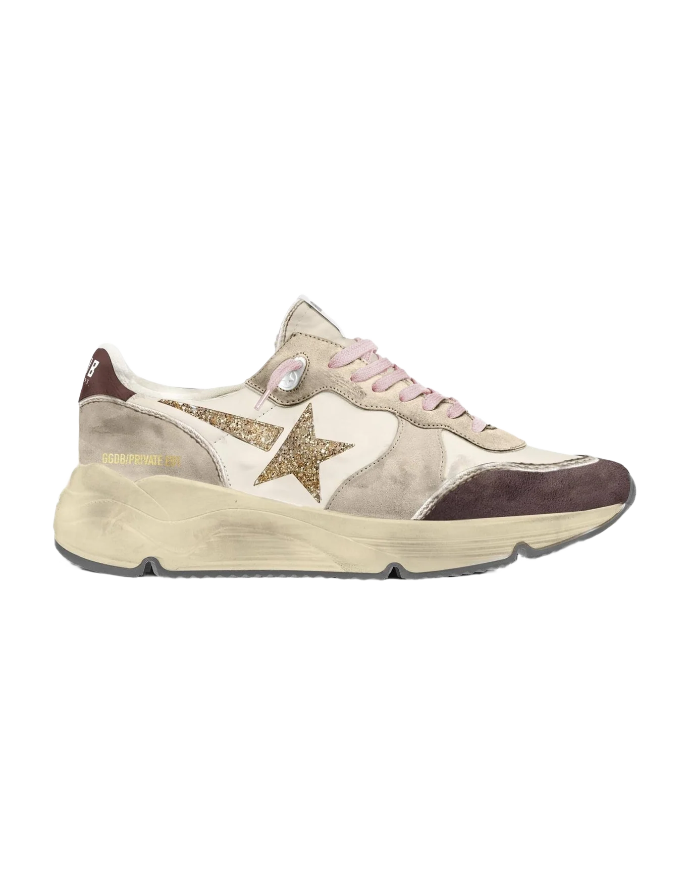 Women | Running Sole with Brown Heel Tab & Gold Glitter Star | White x Brown x Gold