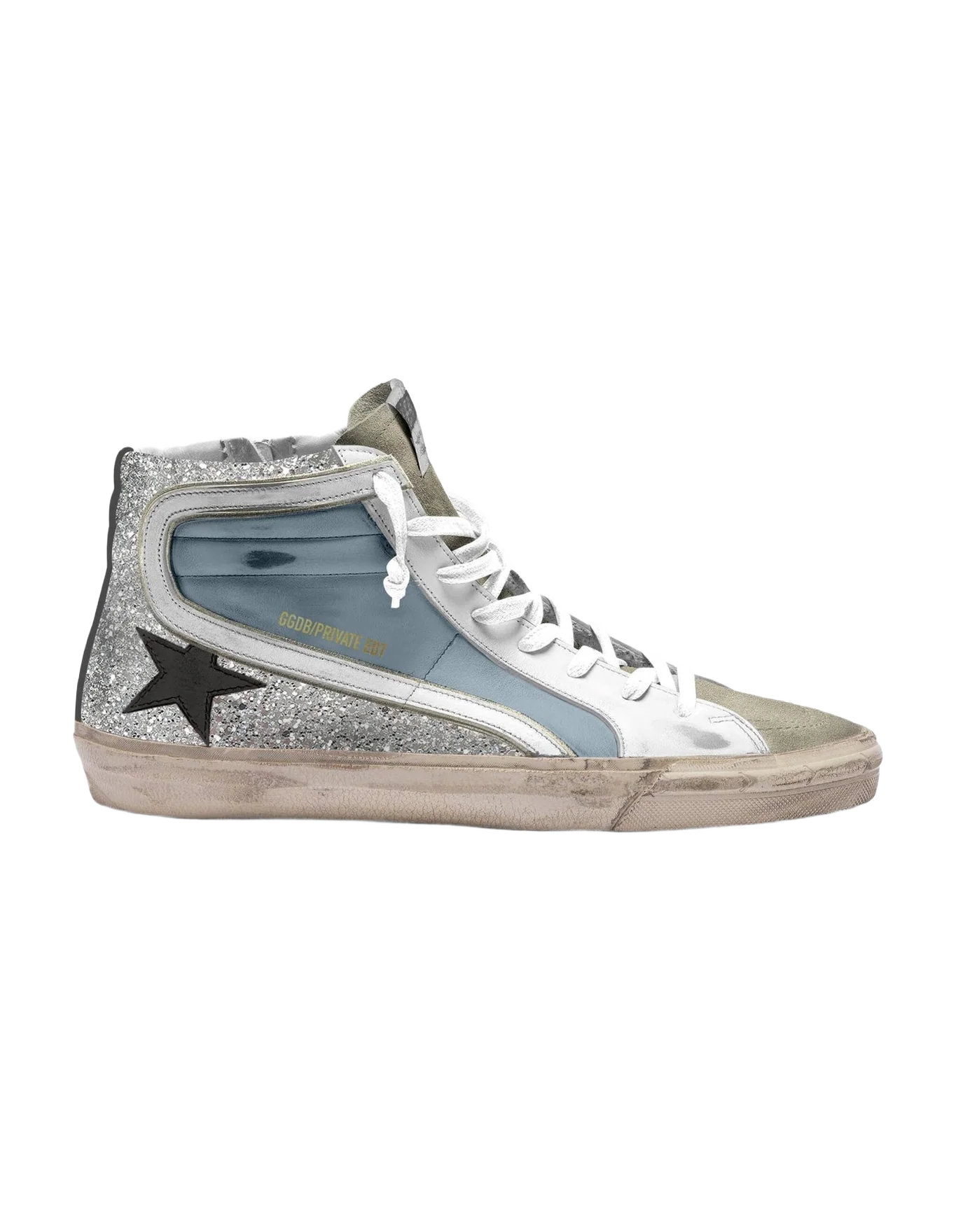 Women | Silver Glitter & Light Blue Leather Slide with Black Star | Blue x Silver x Taupe x Black