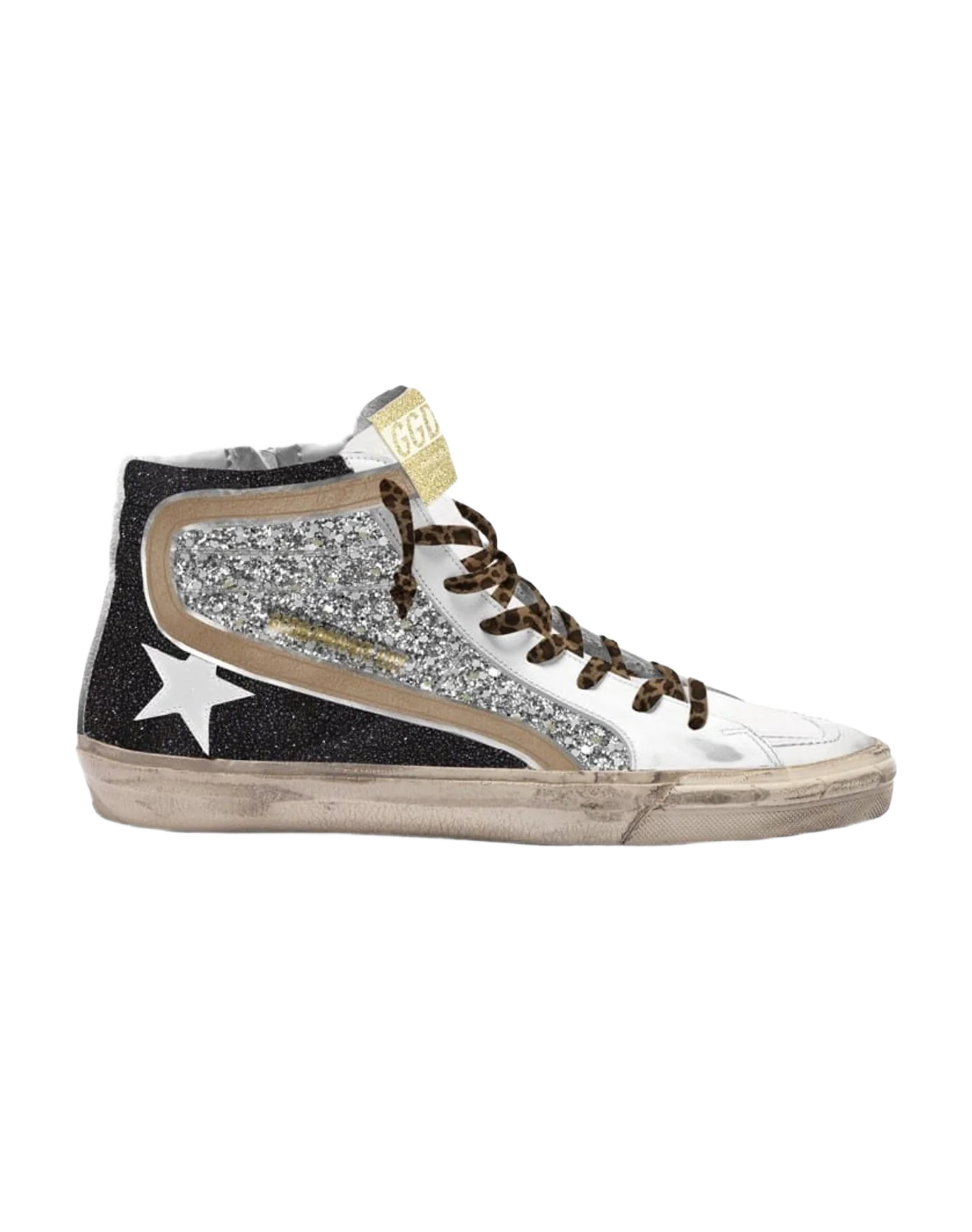Women | Slide Sneakers Glitter Upper with Leather Toe & White Leather Star | Silver x Black x White