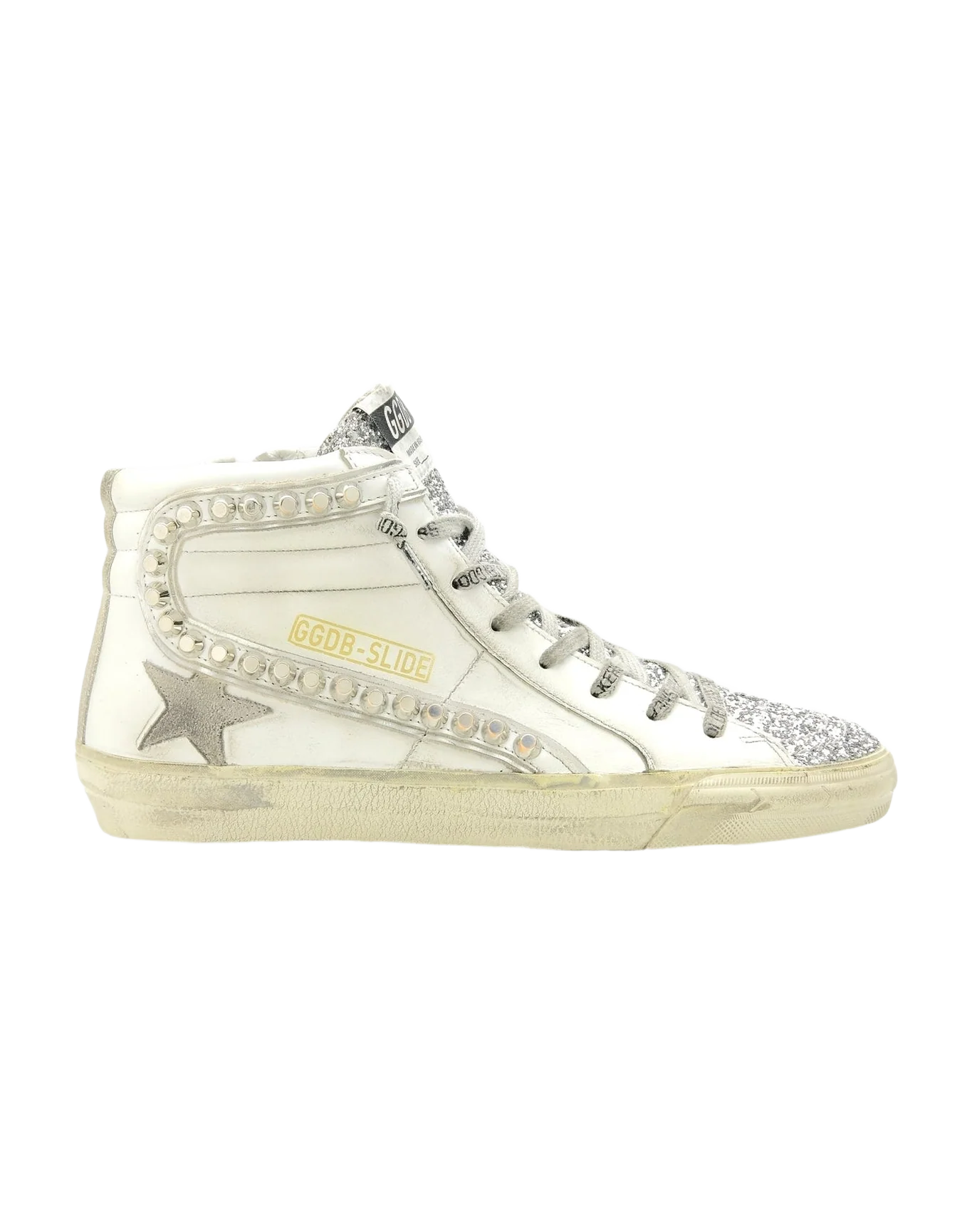Women | Slide Sneakers Leather with Glitter Tongue & Flash with Studs | White x Silver x Ice