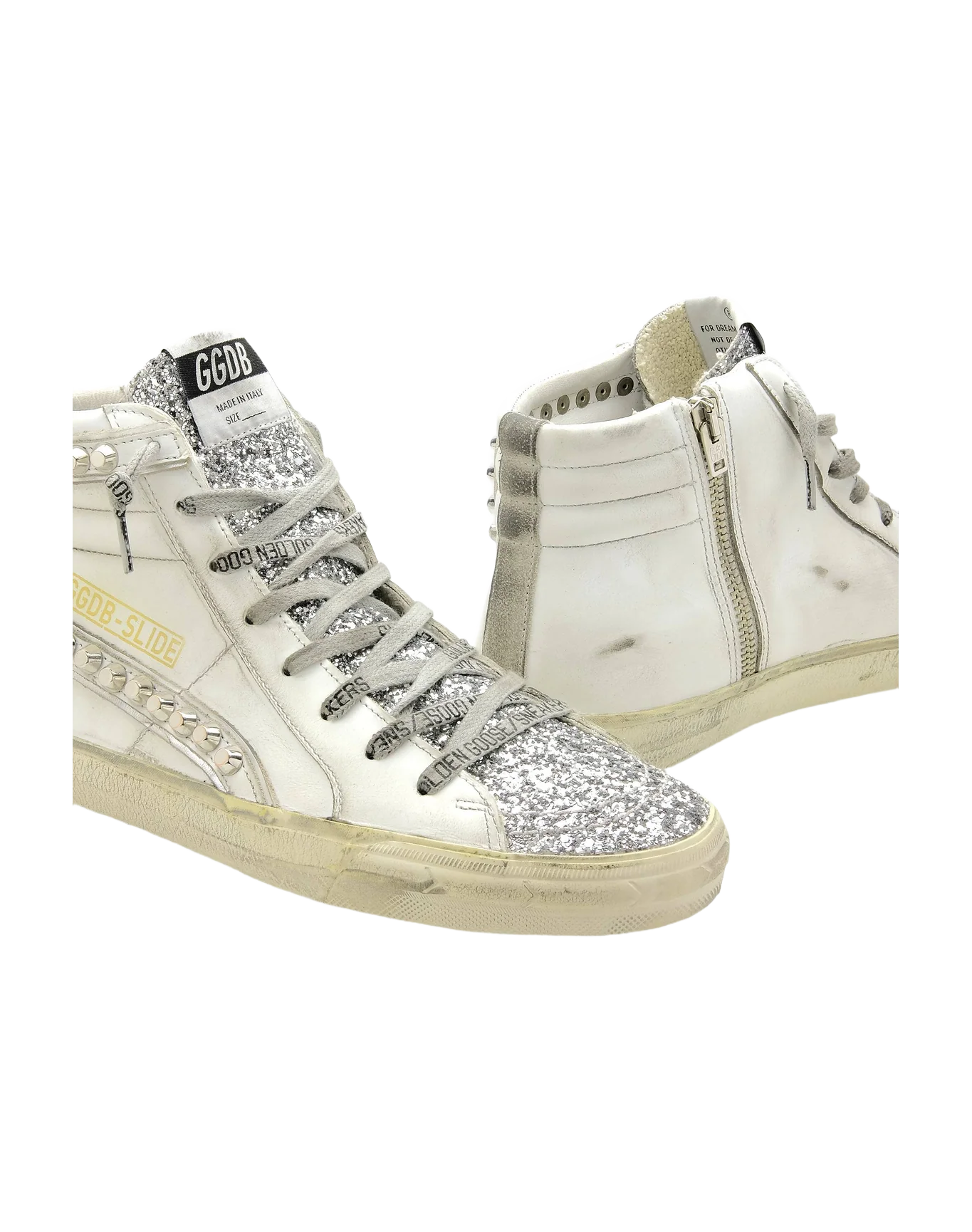 Women | Slide Sneakers Leather with Glitter Tongue & Flash with Studs | White x Silver x Ice - Image 2