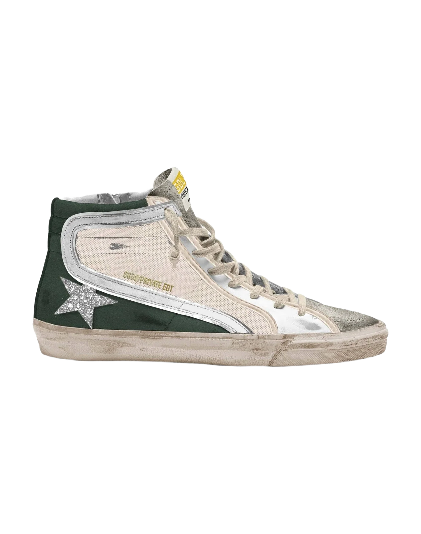 Women | Slide Sneakers Net & Suede Upper with Glitter Star & Laminated Flash | Marble x Cream x Green x Silver x White