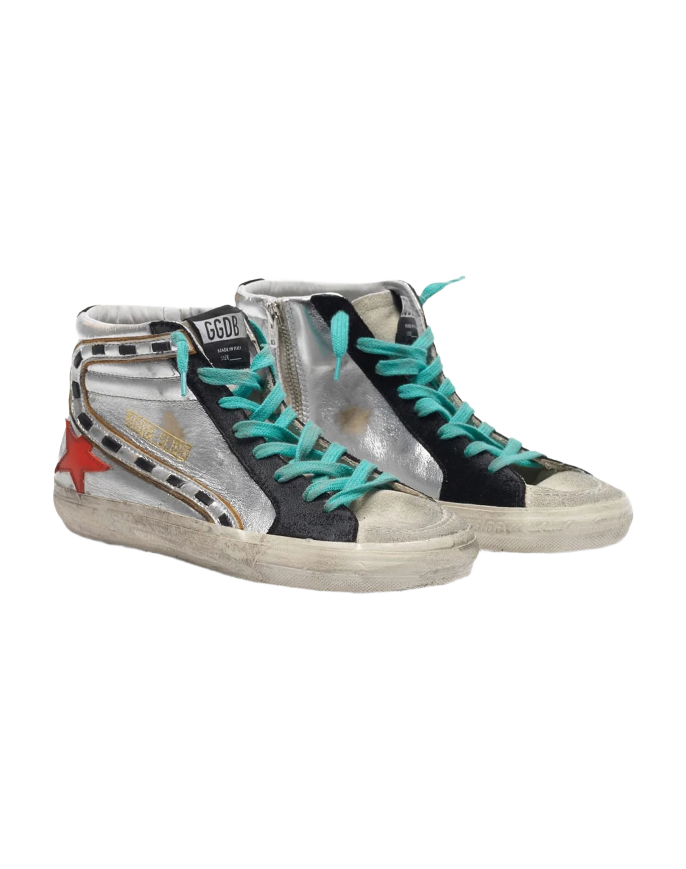 Women | Slide Sneakers Silver Laminated Leather with Red Star - Image 2