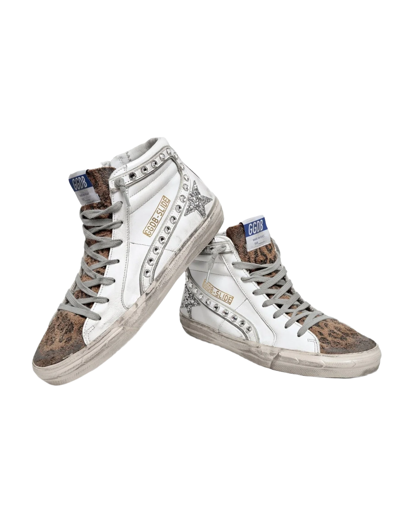 Women | Slide Sneakers White Leather with Studded Flash & Silver Glitter Star | White x Beige Brown Black x Silver x Magenta