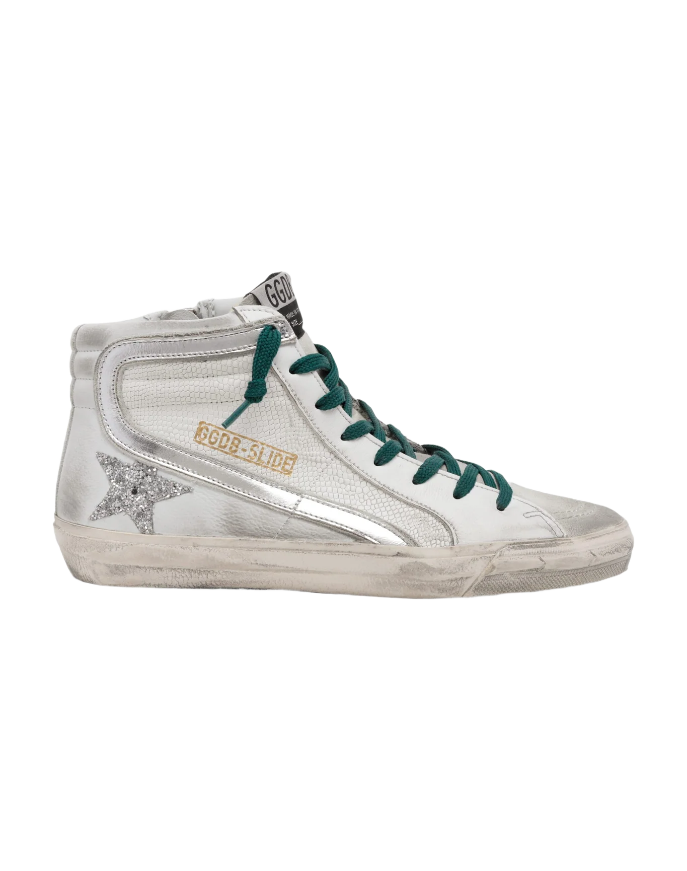 Women | Slide Sneakers with Snake-Print Leather Upper & Glitter Star | White x Ice x Silver - Image 2