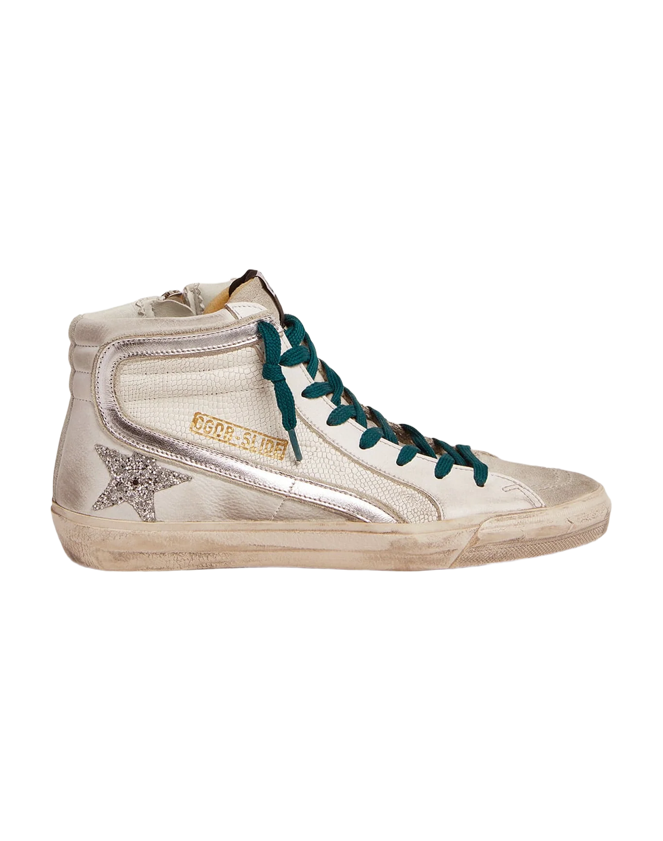 Women | Slide Sneakers with Snake-Print Leather Upper & Glitter Star | White x Ice x Silver - Image 3