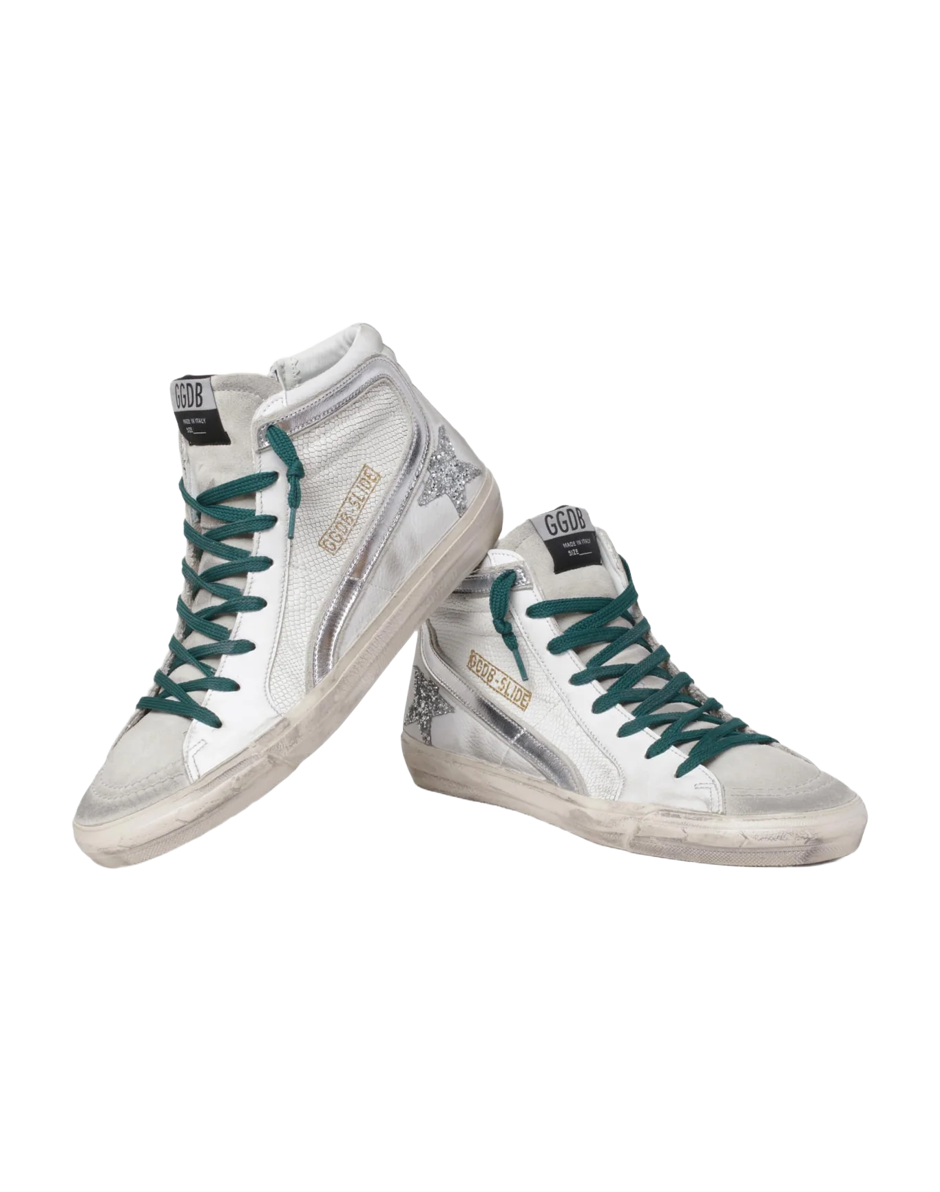 Women | Slide Sneakers with Snake-Print Leather Upper & Glitter Star | White x Ice x Silver - Image 4