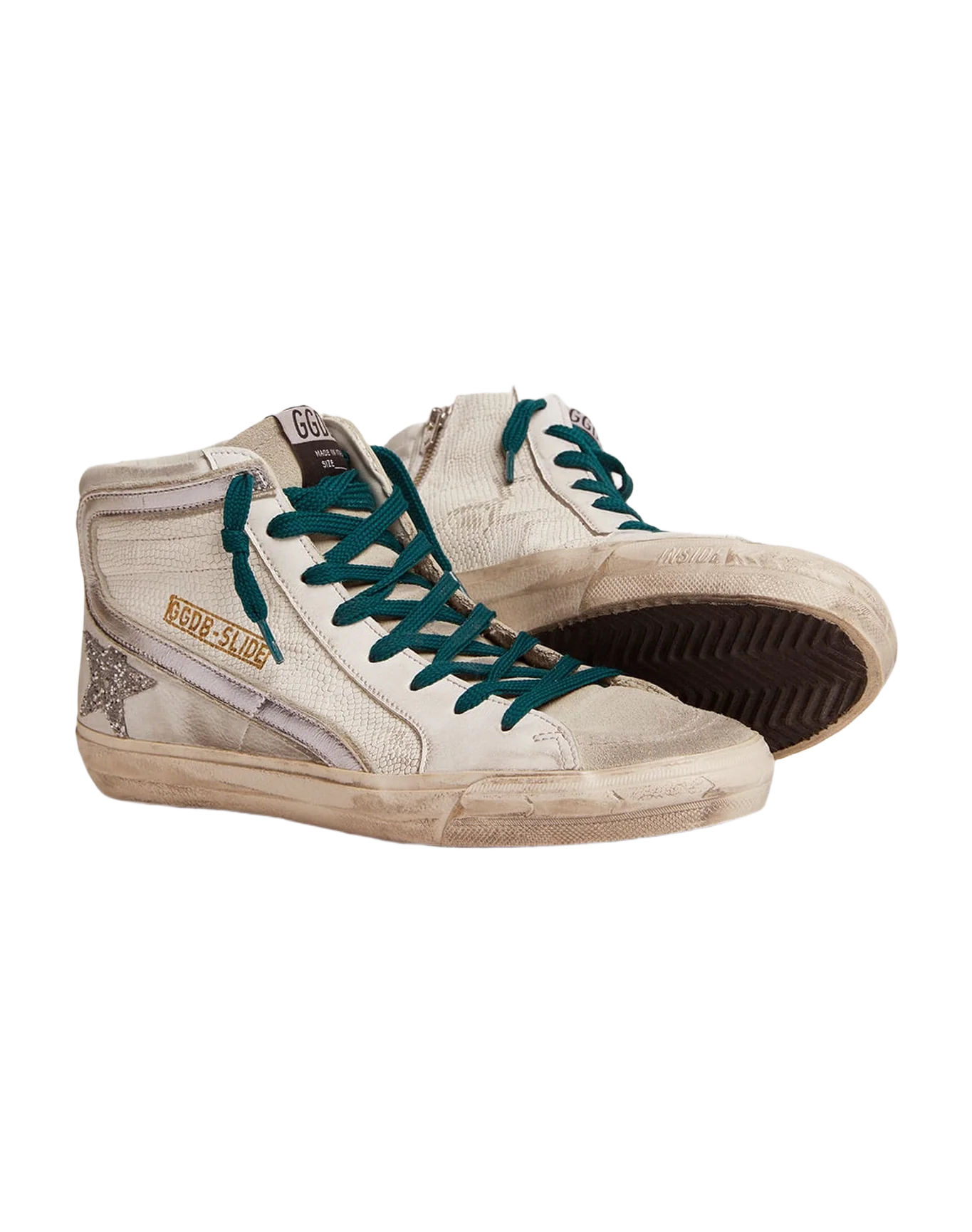 Women | Slide Sneakers with Snake-Print Leather Upper & Glitter Star | White x Ice x Silver - Image 6
