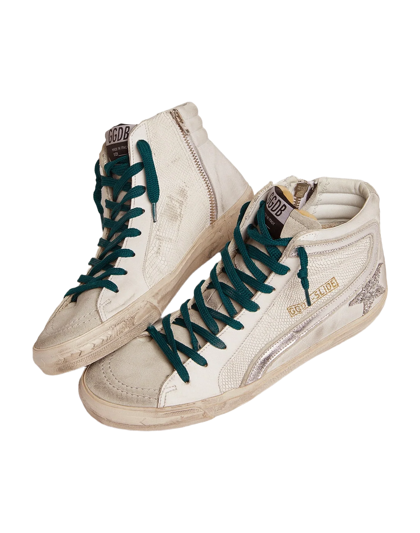 Women | Slide Sneakers with Snake-Print Leather Upper & Glitter Star | White x Ice x Silver - Image 7