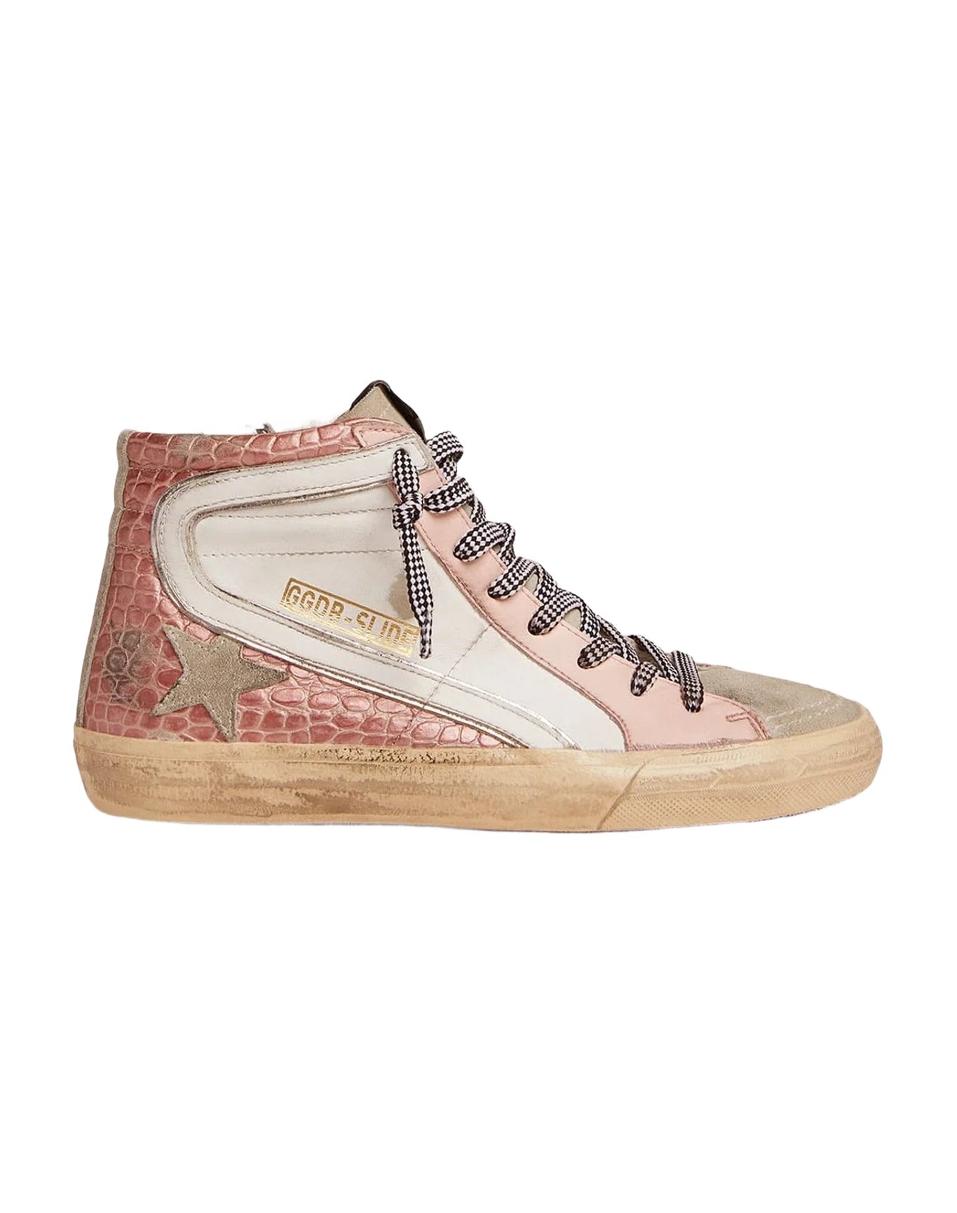 Women | Slide Sneakers with White Leather & Pink Crocodile-Print Leather Upper | White x Ice x Pink