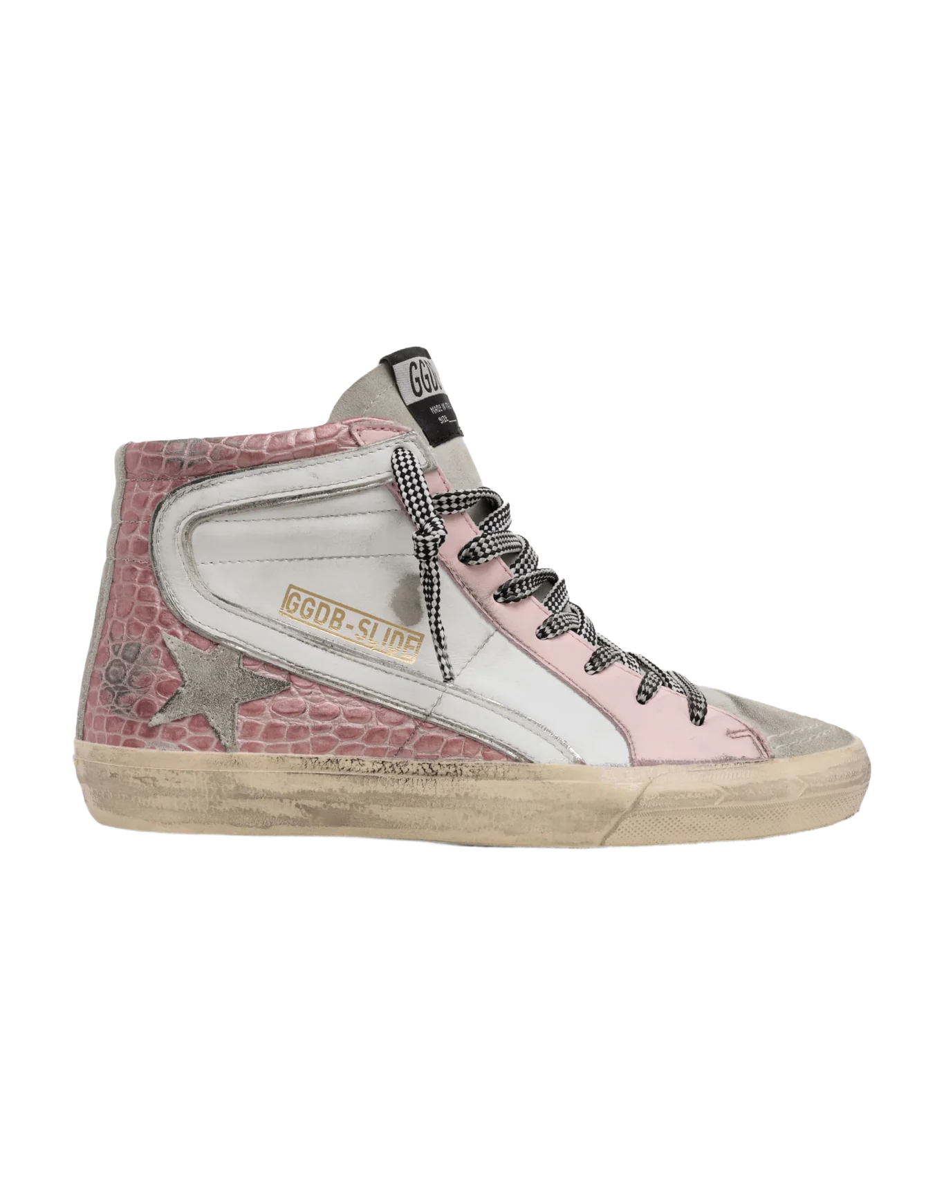 Women | Slide Sneakers with White Leather & Pink Crocodile-Print Leather Upper | White x Ice x Pink - Image 4