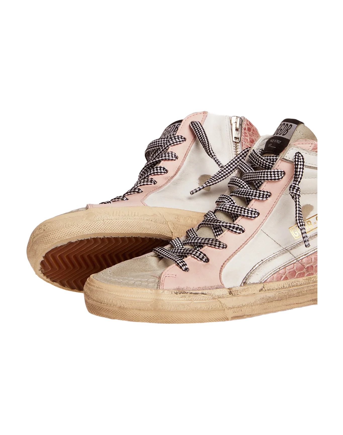 Women | Slide Sneakers with White Leather & Pink Crocodile-Print Leather Upper | White x Ice x Pink - Image 6