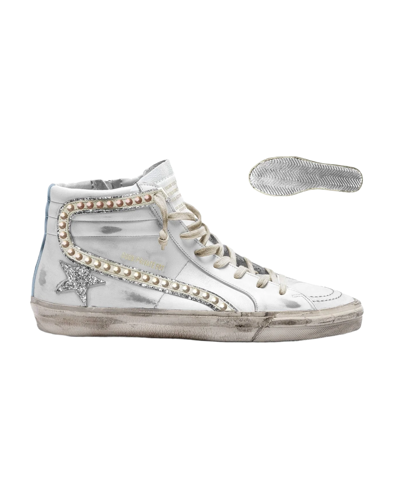 Women | Slide White Leather with Flash Pearls & Silver Glitter Star | Optic Whte x Silver x Blue Fog