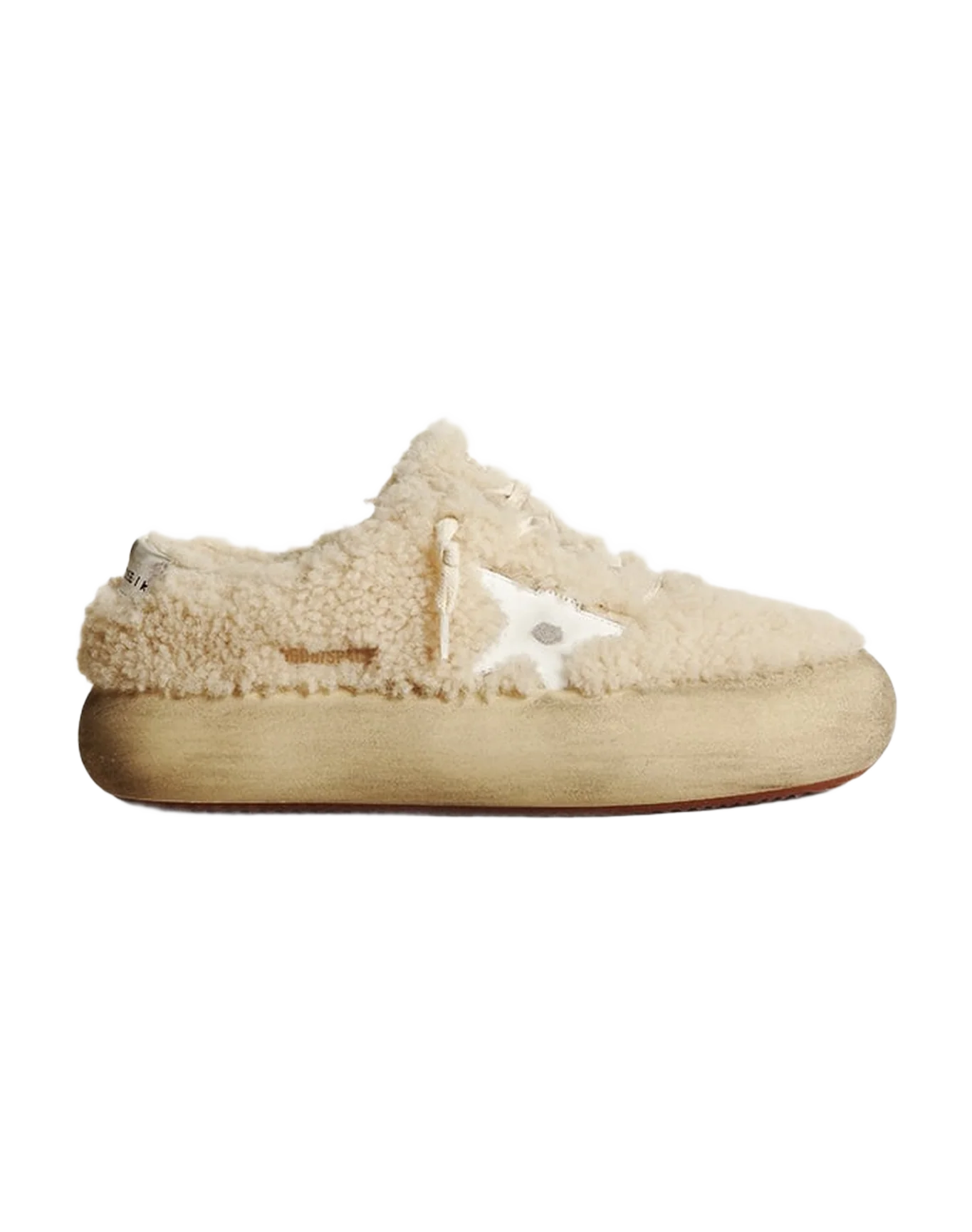 Women | Space-Star Shoes Beige Shearling with White Leather Star & Metallic Leather Heel Tab | Beige x White - Image 3