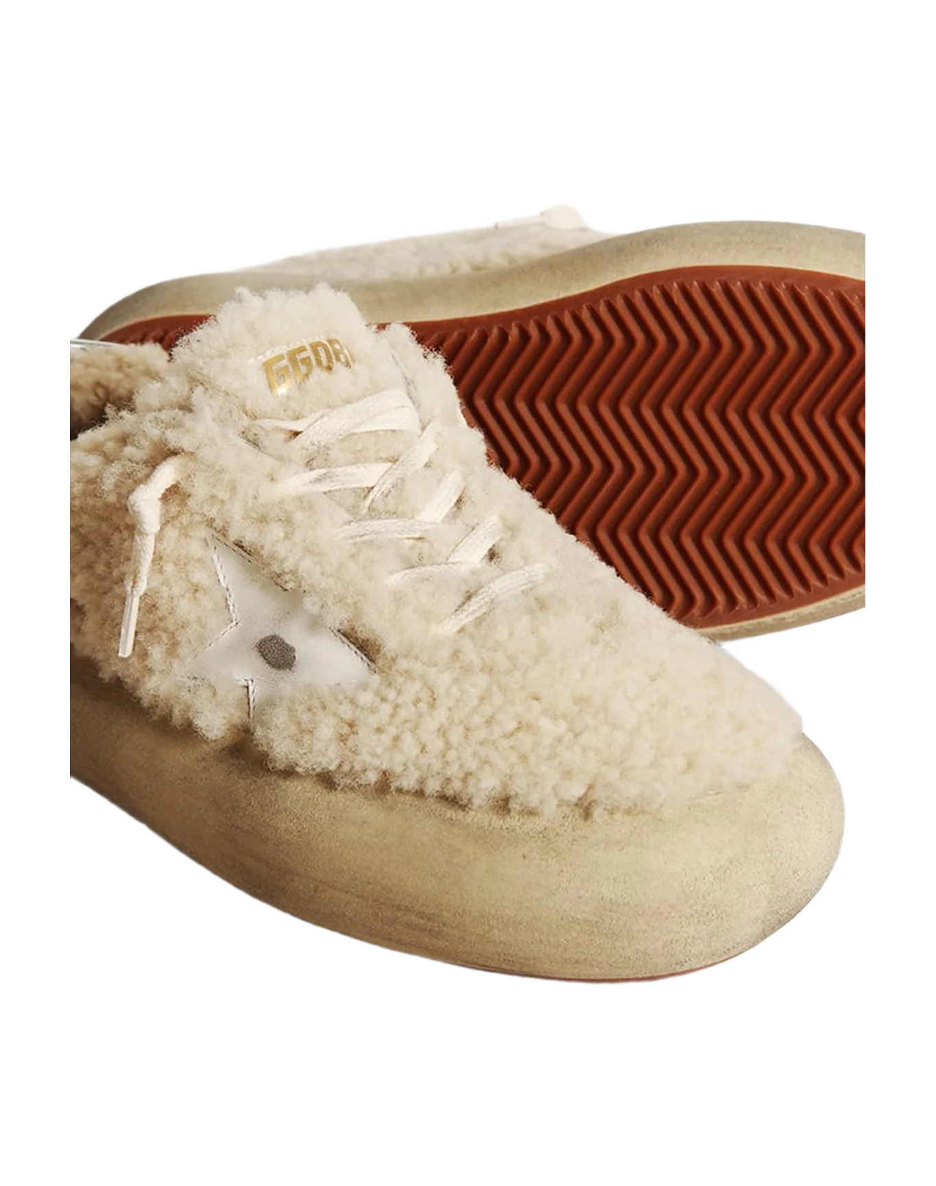Women | Space-Star Shoes Beige Shearling with White Leather Star & Metallic Leather Heel Tab | Beige x White - Image 7