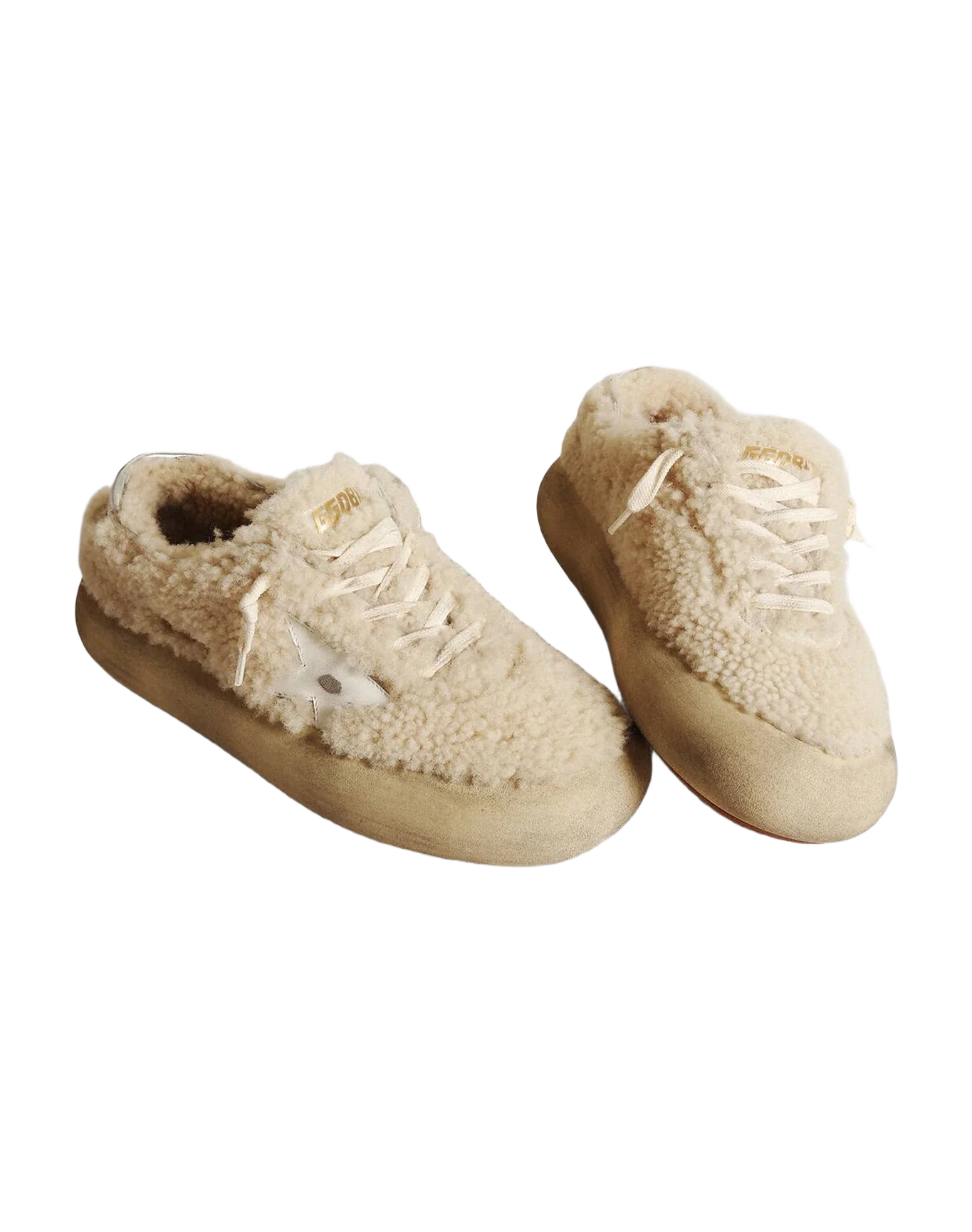 Women | Space-Star Shoes Beige Shearling with White Leather Star & Metallic Leather Heel Tab | Beige x White - Image 8