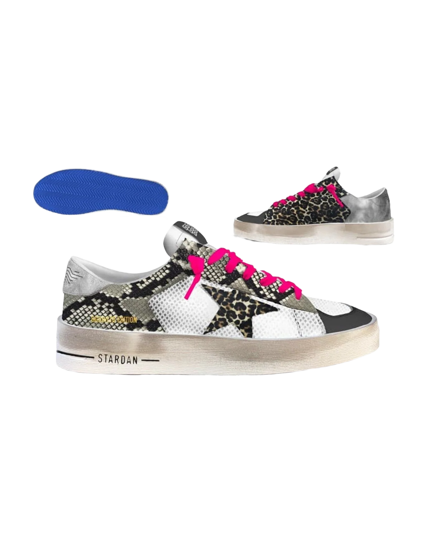 Women | Stardan Lab Sneakers with Leather Upper & Leopard-Print Pony Skin Star | Grey Black x White x Black x Beige Brown Black x Silver