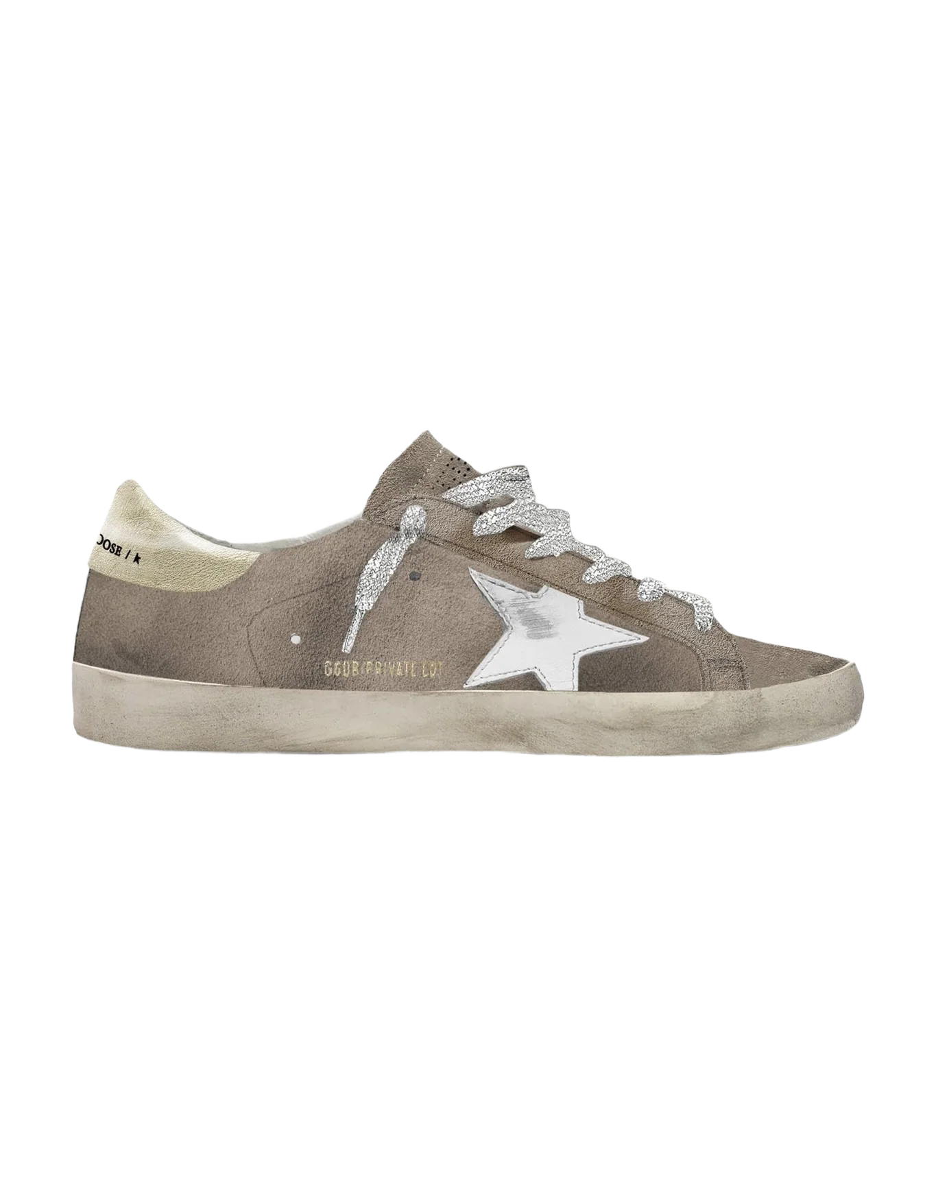 Women | Super-Star Beige Suede Upper & Leather Toe with White Star & Platinum Laminated Heel | Beige Larice x Platinum