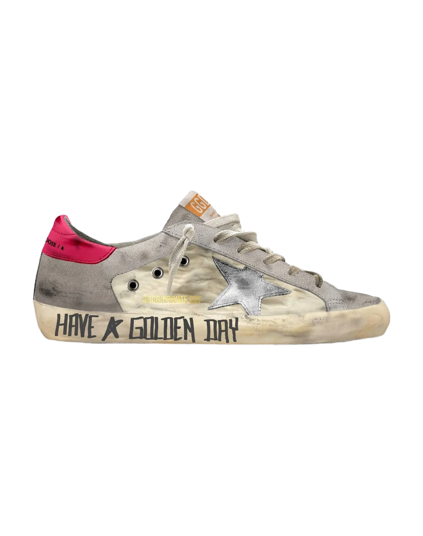 Women | Super-Star Beige Suede with Laminated Star & Fuchsia Heel Tab | Ice x White x Silver x Pink