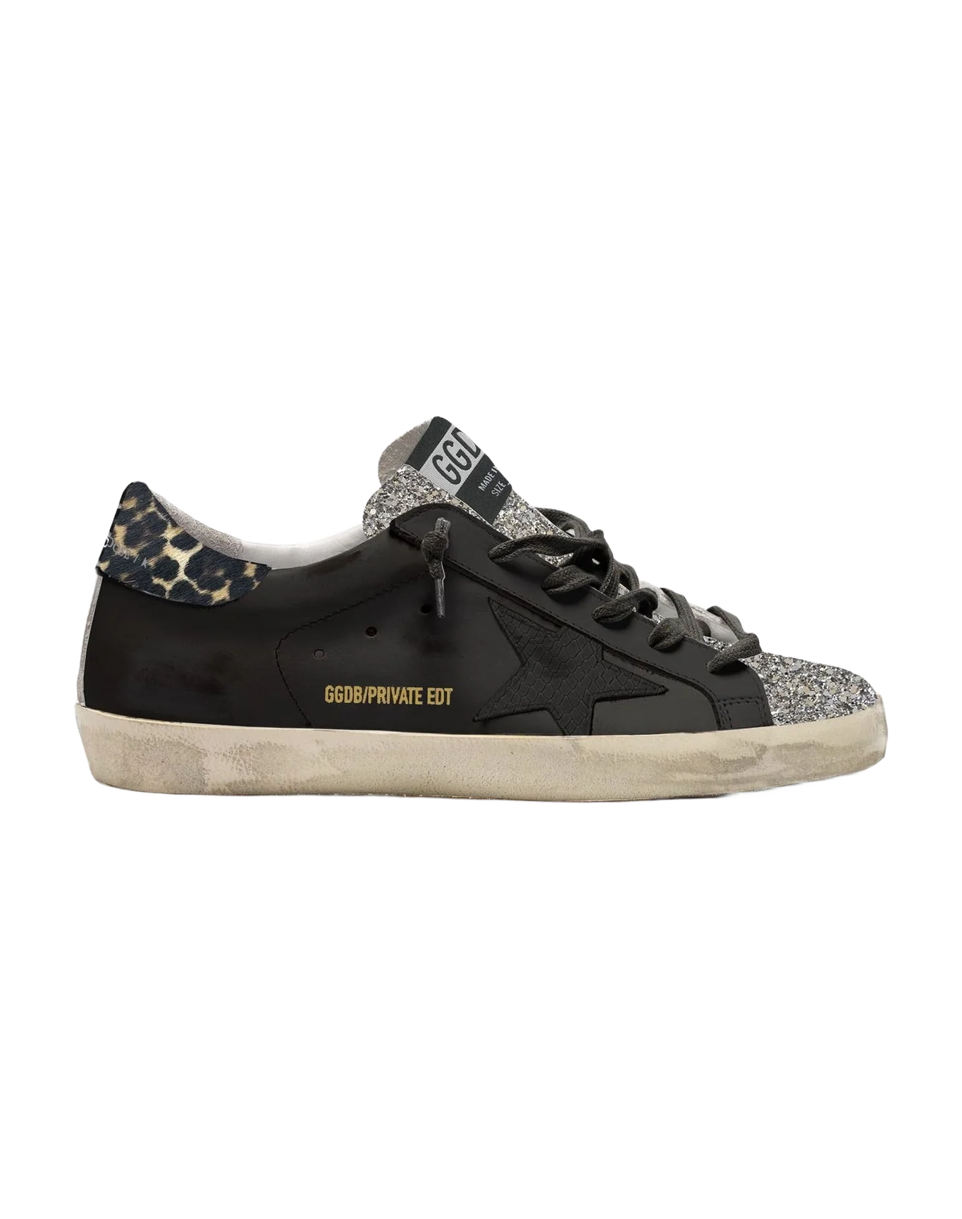 Women | Super-Star Black Leather with Black Hammered Leather Star & Leopard Pony Skin Heel Tab | Black x Silver x Beige Brown Leo