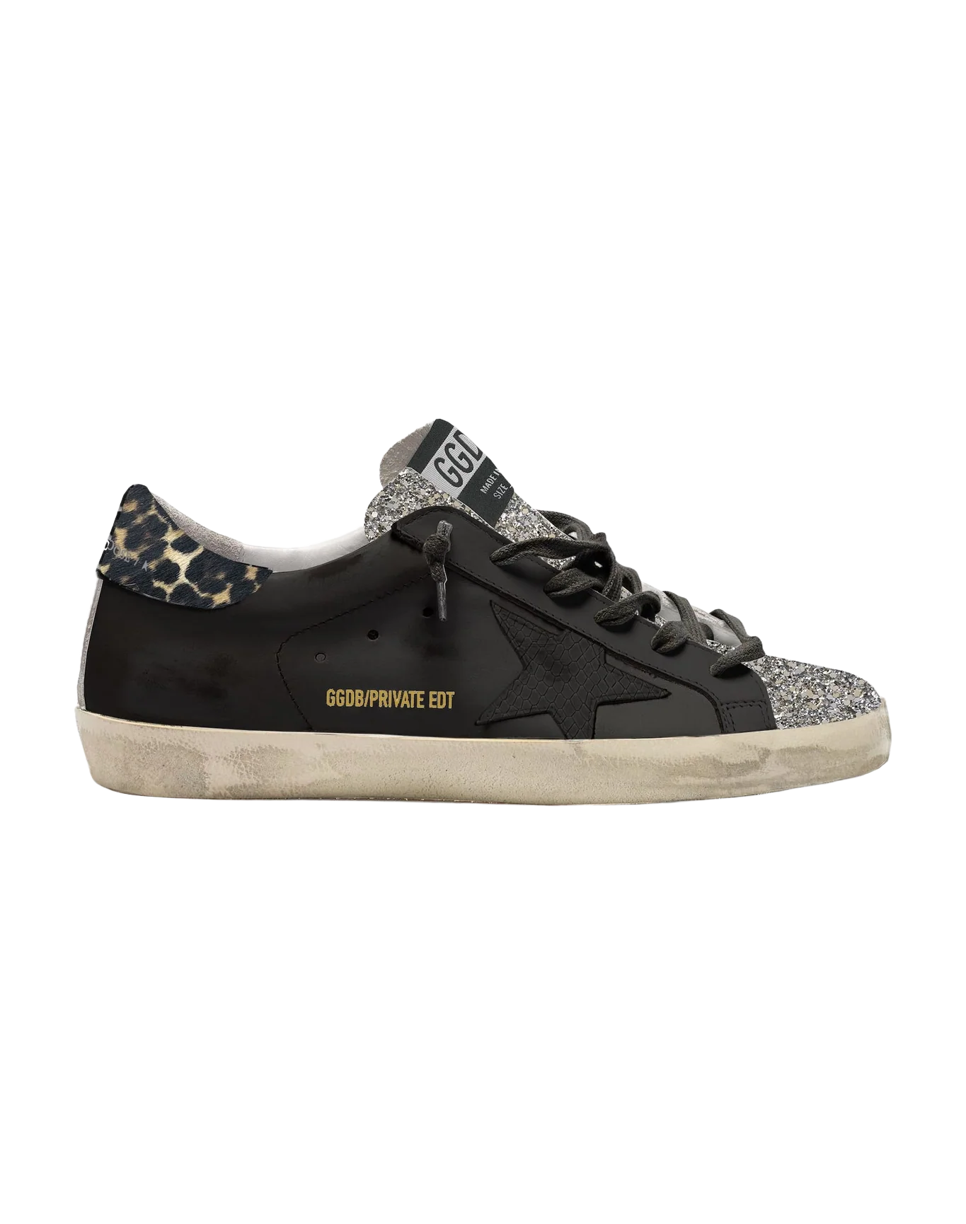 Women | Super-Star Black Leather with Black Hammered Leather Star & Leopard Pony Skin Heel Tab | Black x Silver x Beige Brown Leo - Image 2