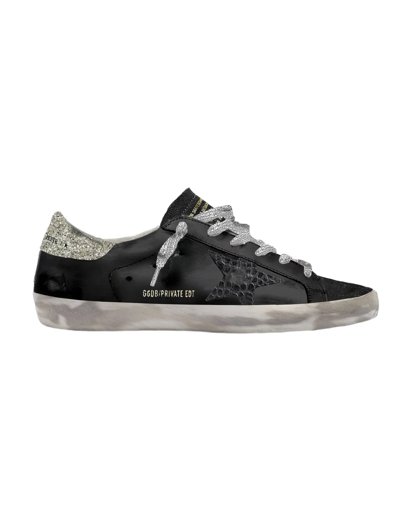 Women | Super-Star Black Leather with Silver Glitter Heel Tab | Black x Platinum