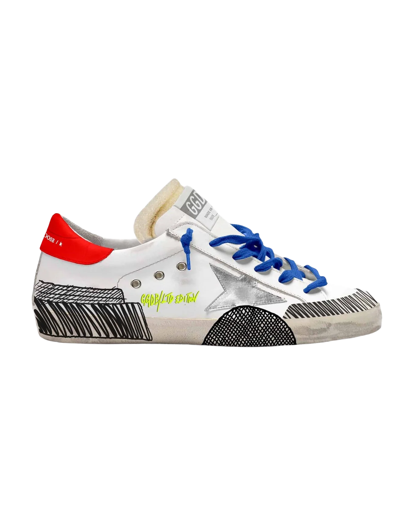 Women | Super-Star Lab Sneakers White Leather & Multi-Foxing-Effect Print | White x Silver x Red x Black - Image 5