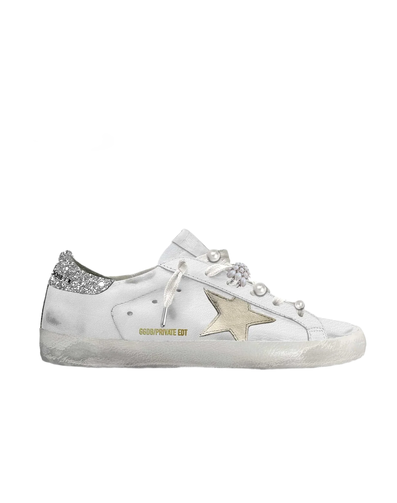 Women | Super-Star Leather with Gold Metallic Star & Silver Glitter Heel Tab | White x Silver x Platinum