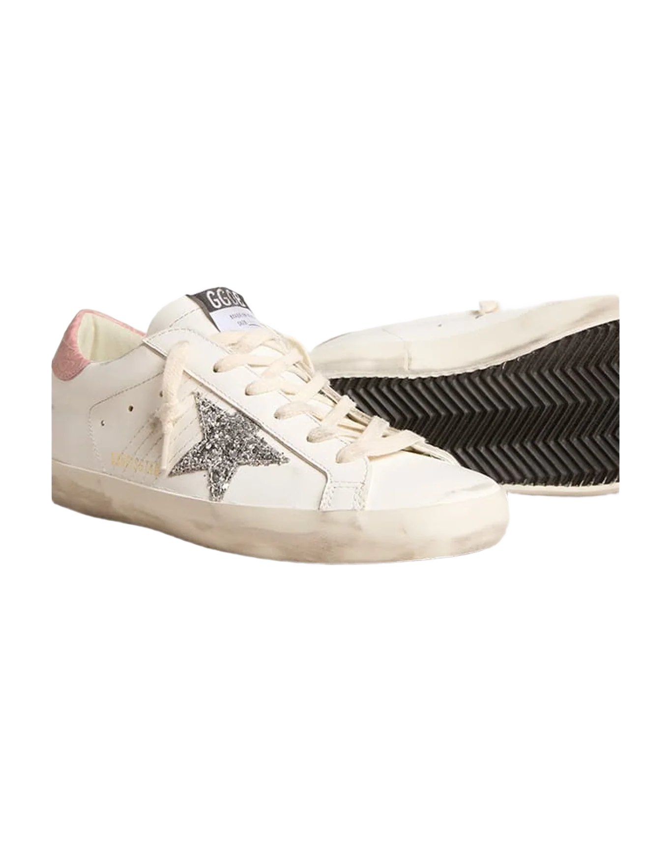 Women | Super-Star Leather with Silver Glitter Star & Pink Heel Tab | White x Silver x Pink