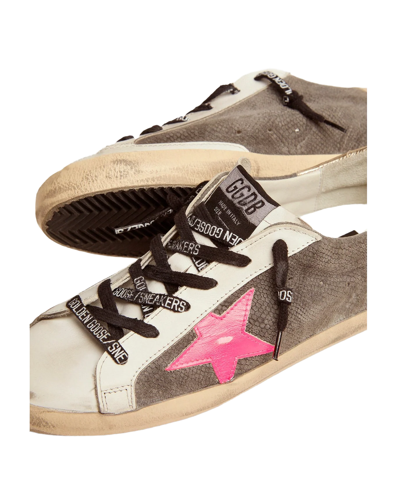 Women | Super-Star Ltd Sneakers with Snake-Print Suede Upper & Gold Heel Tab | Dark Grey x White x Fuxia Fluo x Gold - Image 2