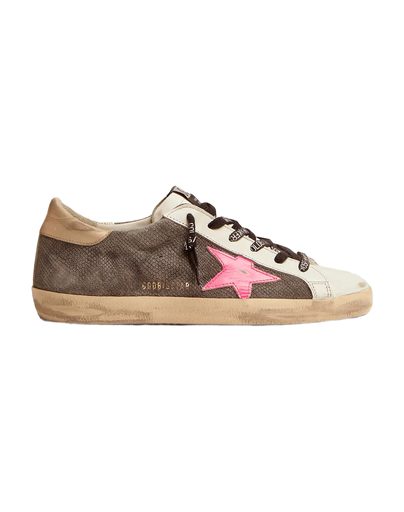 Women | Super-Star Ltd Sneakers with Snake-Print Suede Upper & Gold Heel Tab | Dark Grey x White x Fuxia Fluo x Gold - Image 4