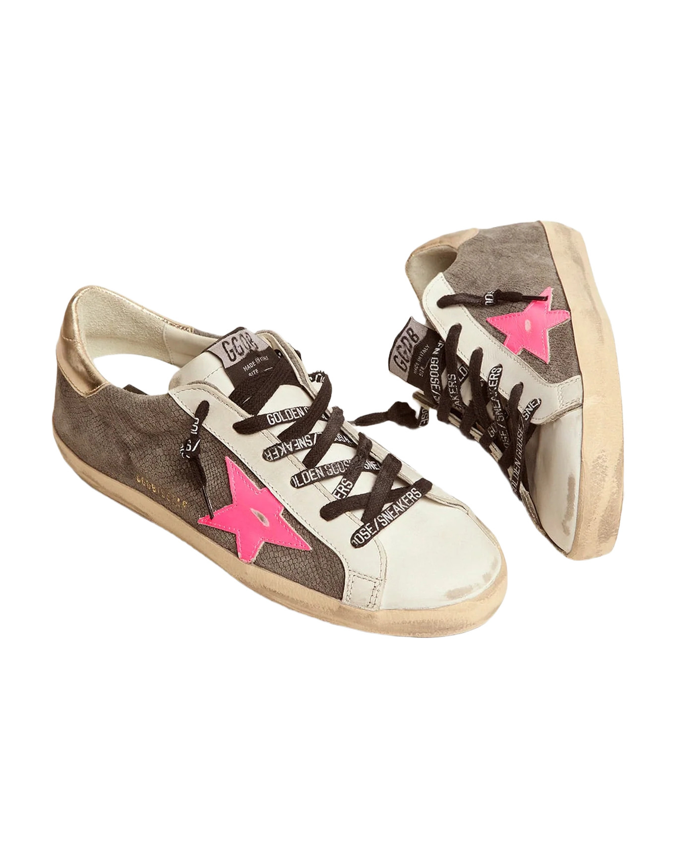 Women | Super-Star Ltd Sneakers with Snake-Print Suede Upper & Gold Heel Tab | Dark Grey x White x Fuxia Fluo x Gold - Image 8