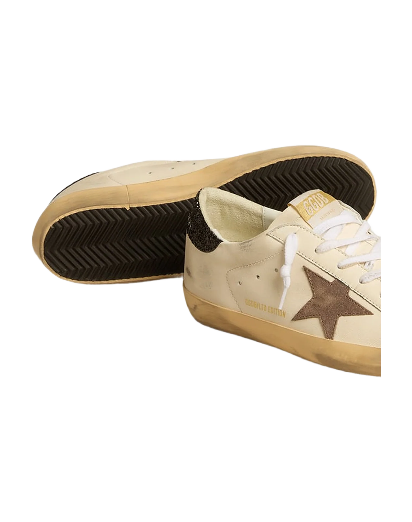 Women | Super-Star Ltd with Laminated Leather Star & Black Glitter Heel Tab | White x Light Brown x Black - Image 2