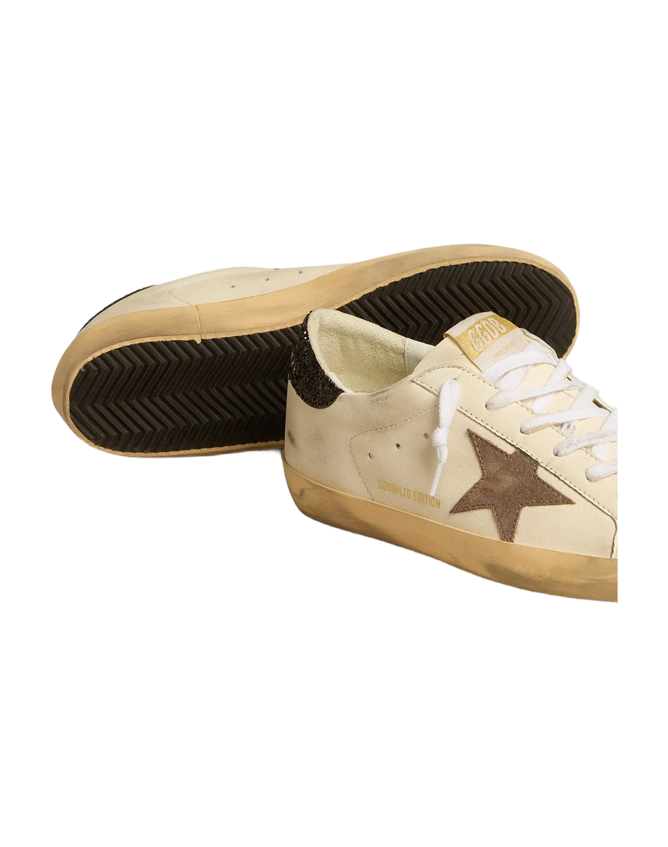 Women | Super-Star Ltd with Laminated Leather Star & Black Glitter Heel Tab | White x Light Brown x Black - Image 5
