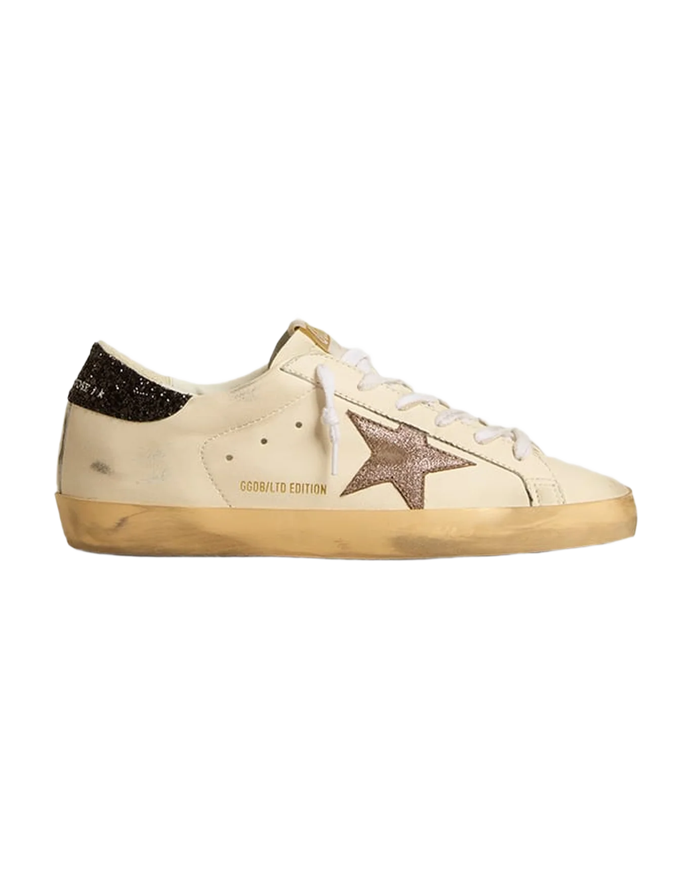 Women | Super-Star Ltd with Laminated Leather Star & Black Glitter Heel Tab | White x Light Brown x Black - Image 7