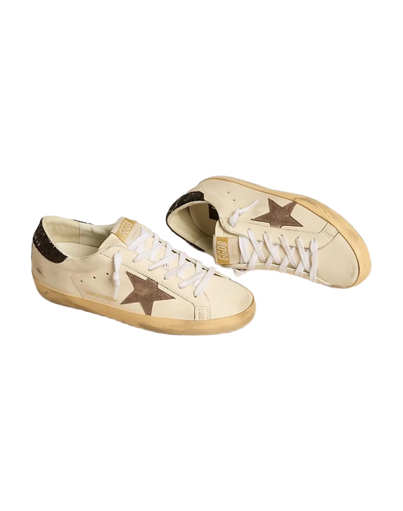 Women | Super-Star Ltd with Laminated Leather Star & Black Glitter Heel Tab | White x Light Brown x Black - Image 8