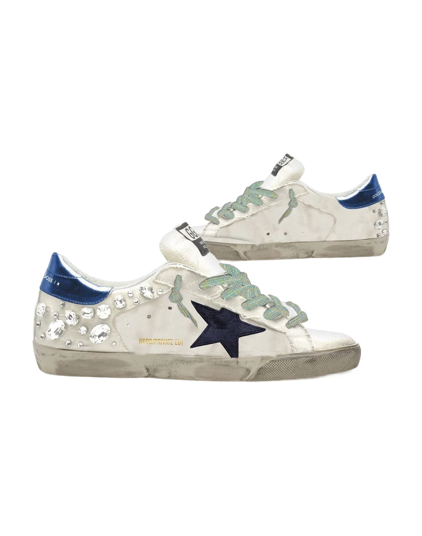 Women | Super-Star Private Edt White Leather with Navy Star & Blue Heel Tab | White x Navy x Blue