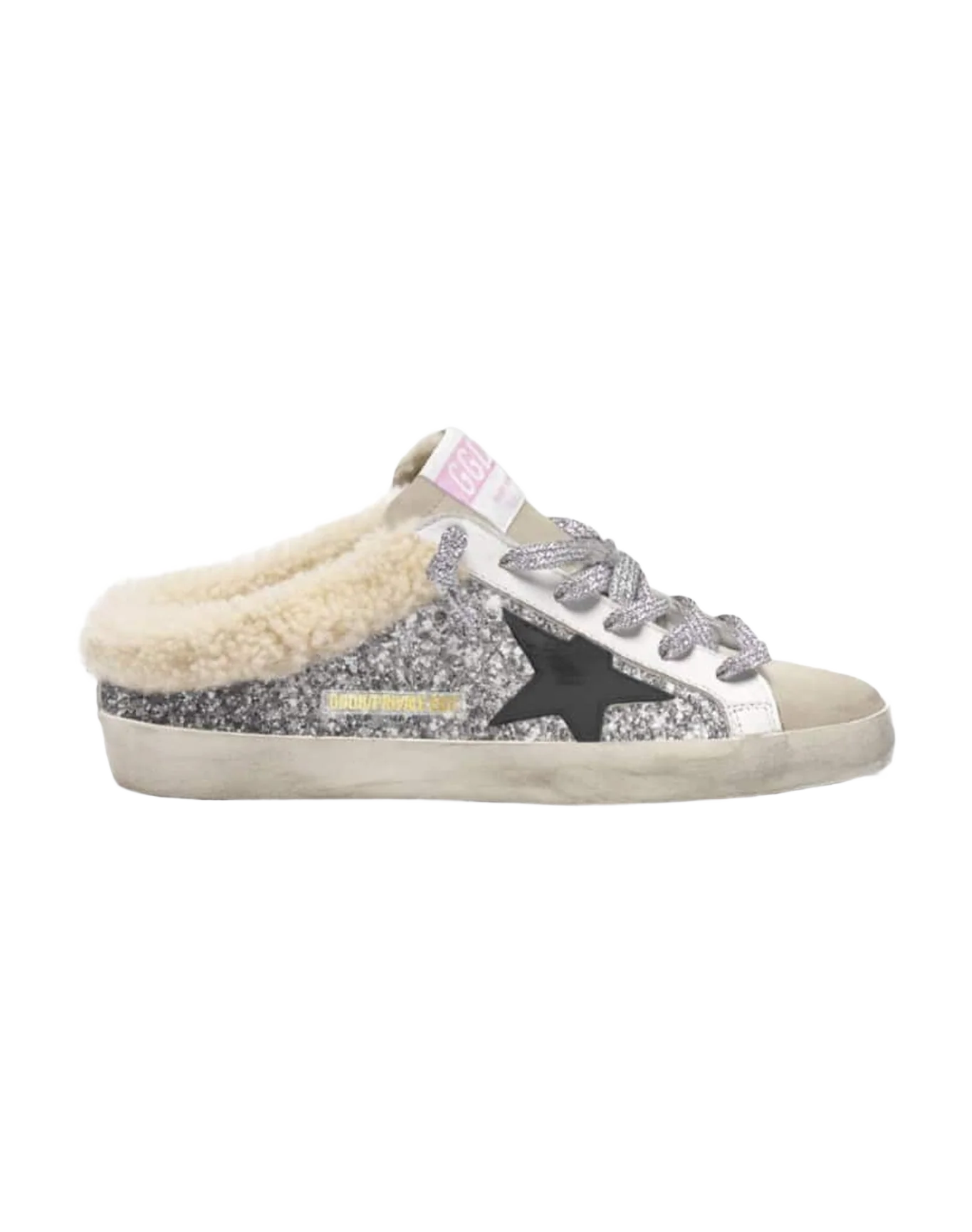 Women | Super-Star Sabot Glitter with Black Leather Star & Shearling Interior | Silver x Ice x White x Black x Beige