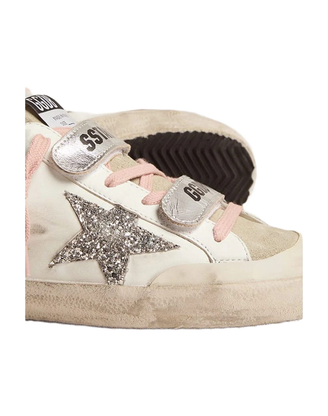 Women | Super-Star Sabot School Sneakers Leather with Silver Glitter Star & Shearling Interior | White x Ice x Silver x Light Blue