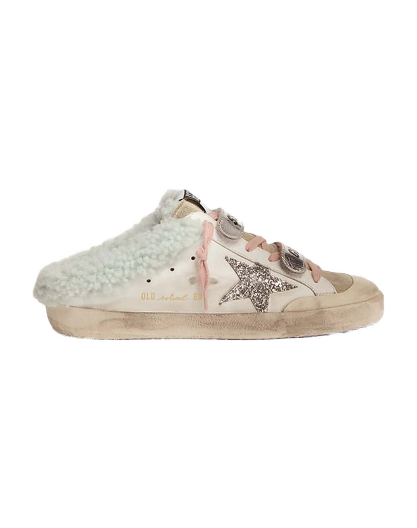 Women | Super-Star Sabot School Sneakers Leather with Silver Glitter Star & Shearling Interior | White x Ice x Silver x Light Blue - Image 2