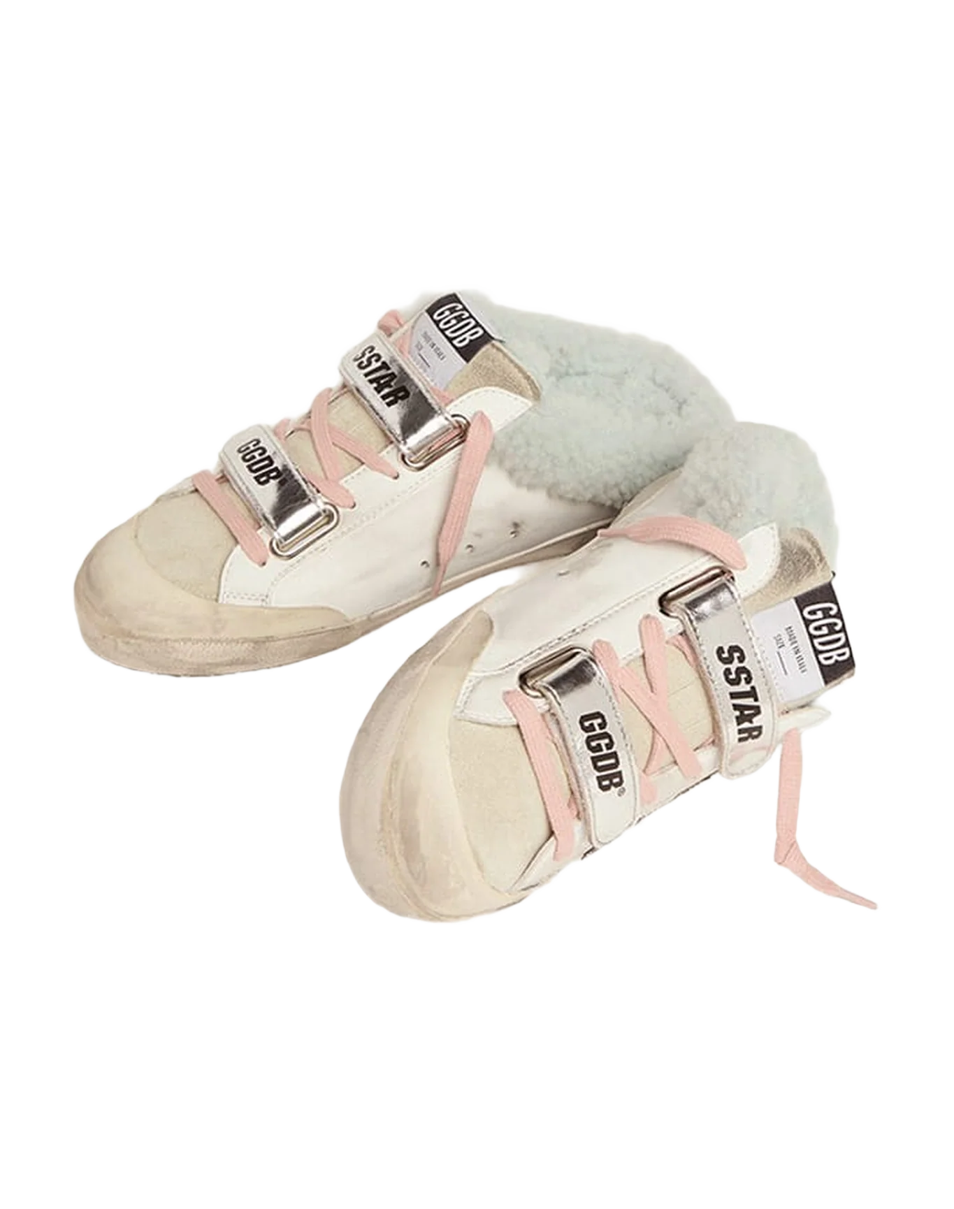 Women | Super-Star Sabot School Sneakers Leather with Silver Glitter Star & Shearling Interior | White x Ice x Silver x Light Blue - Image 3